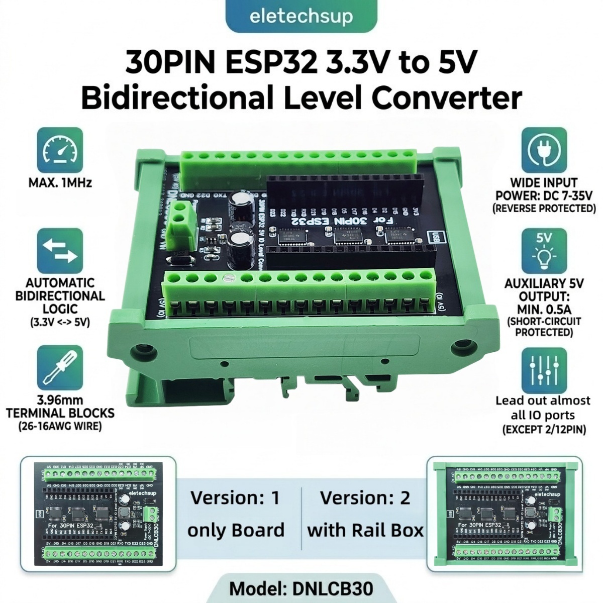 Level Shifter 3.3V - ESP32 30P DIN 레일 어댑터, 산업용