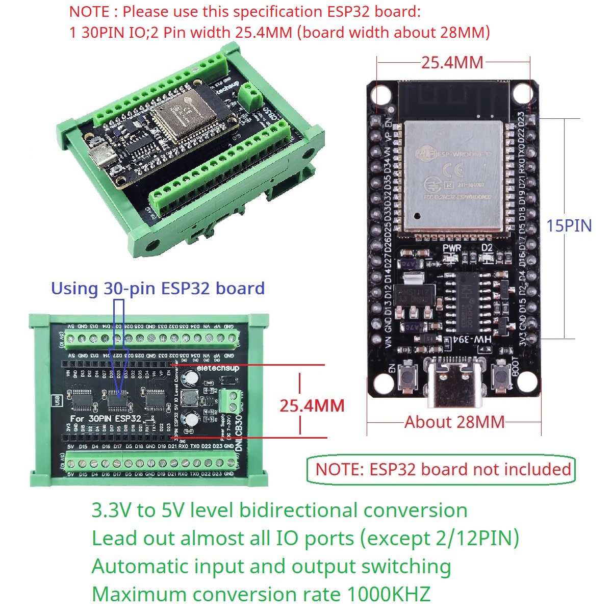 ESP32 30P DIN 레일 어댑터, 산업용 PLC용 - Level Shifter 3.3V 리뷰 및 가격